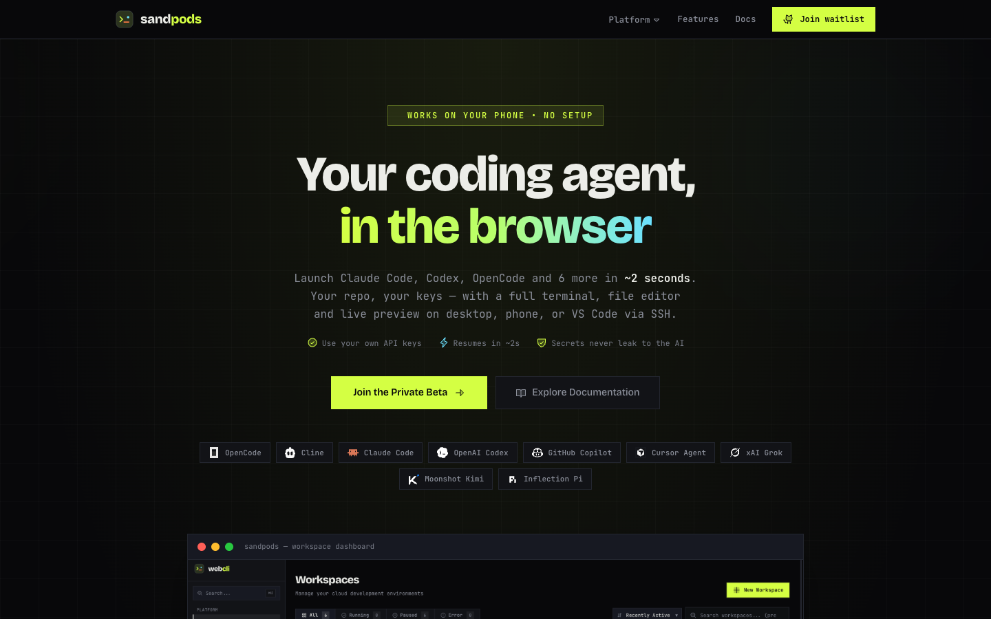 Sandpods homepage screenshot