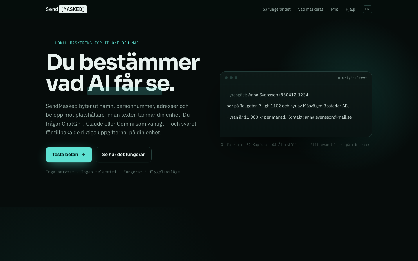 SendMasked homepage screenshot