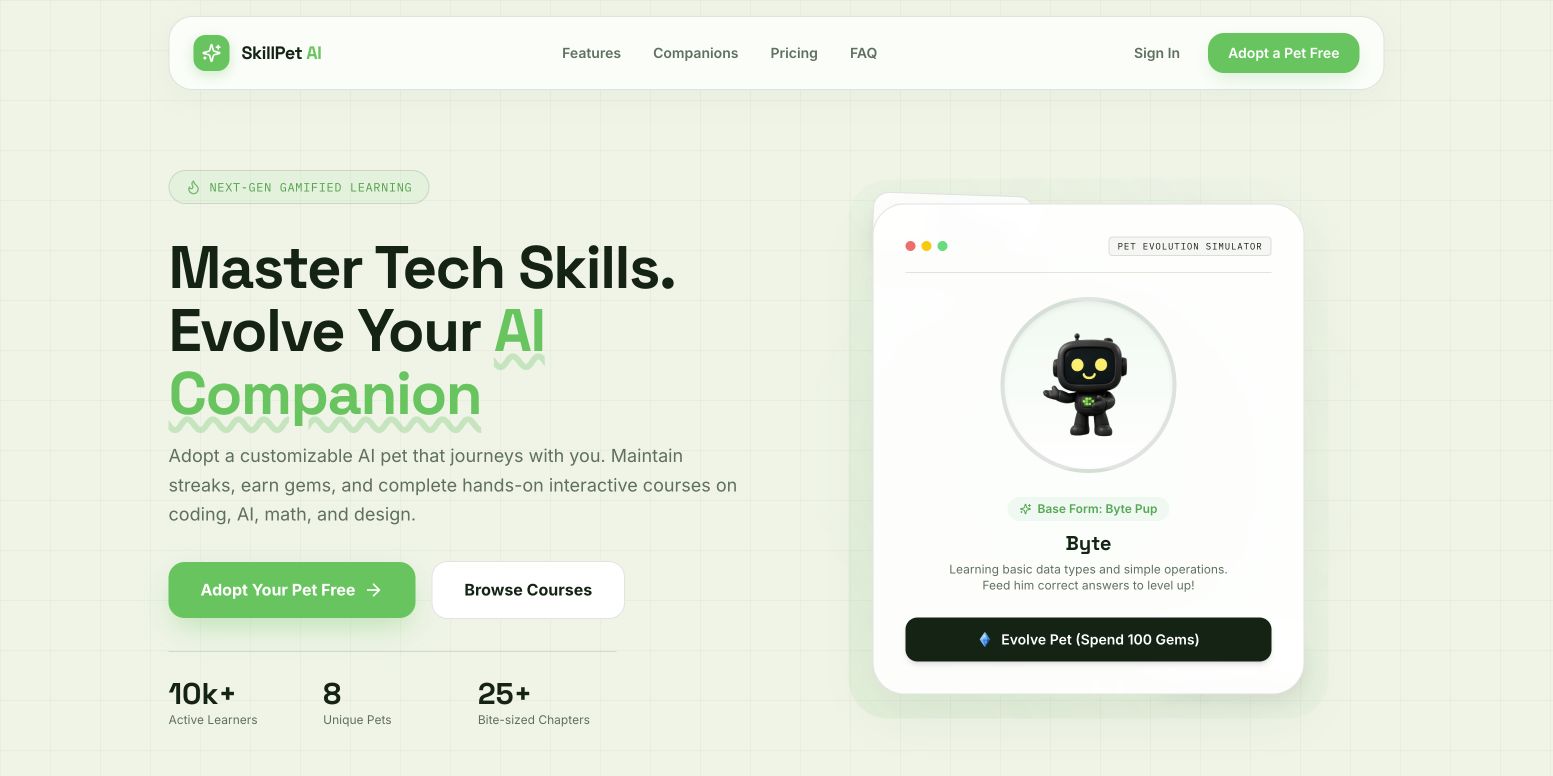 SkillPet AI homepage screenshot