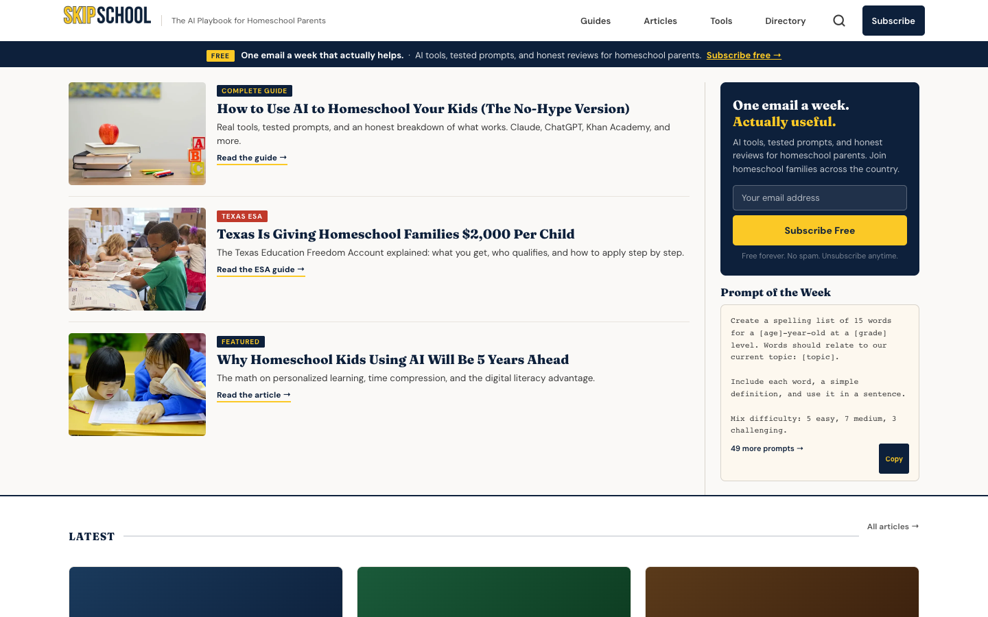 Skip School homepage screenshot
