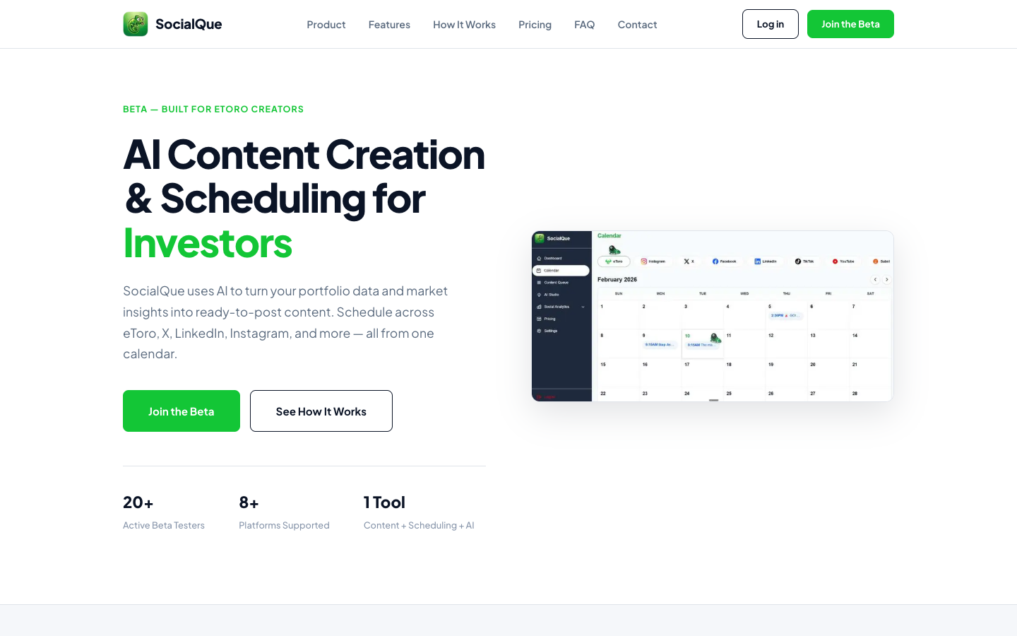SocialQue homepage screenshot