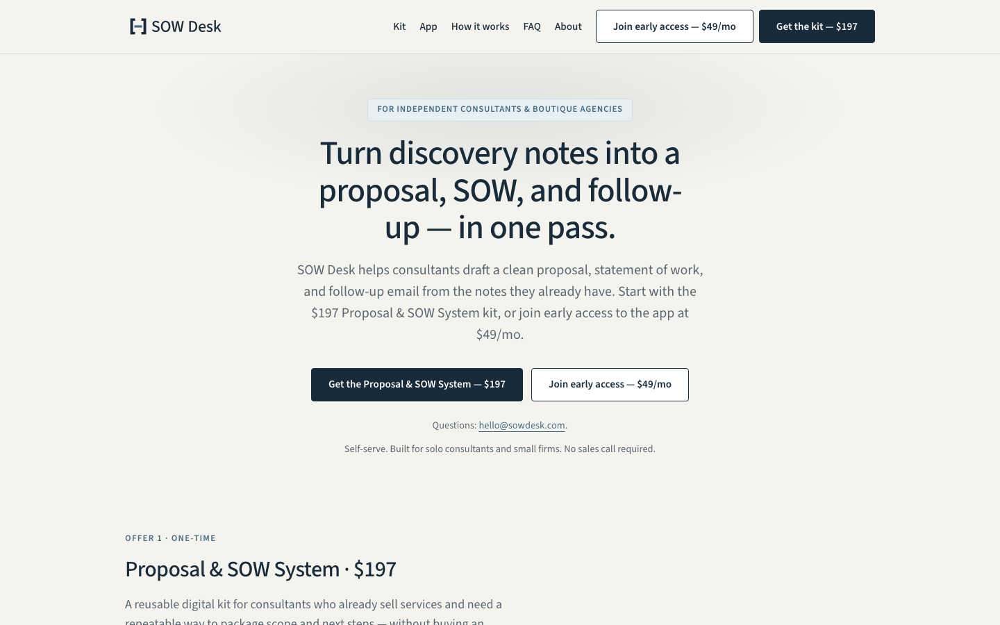 SOW Desk homepage screenshot