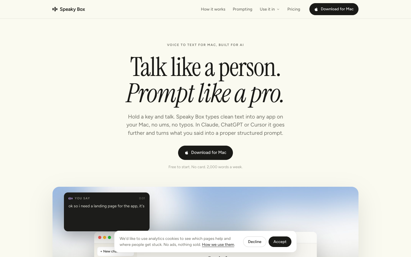 Speaky Box homepage screenshot
