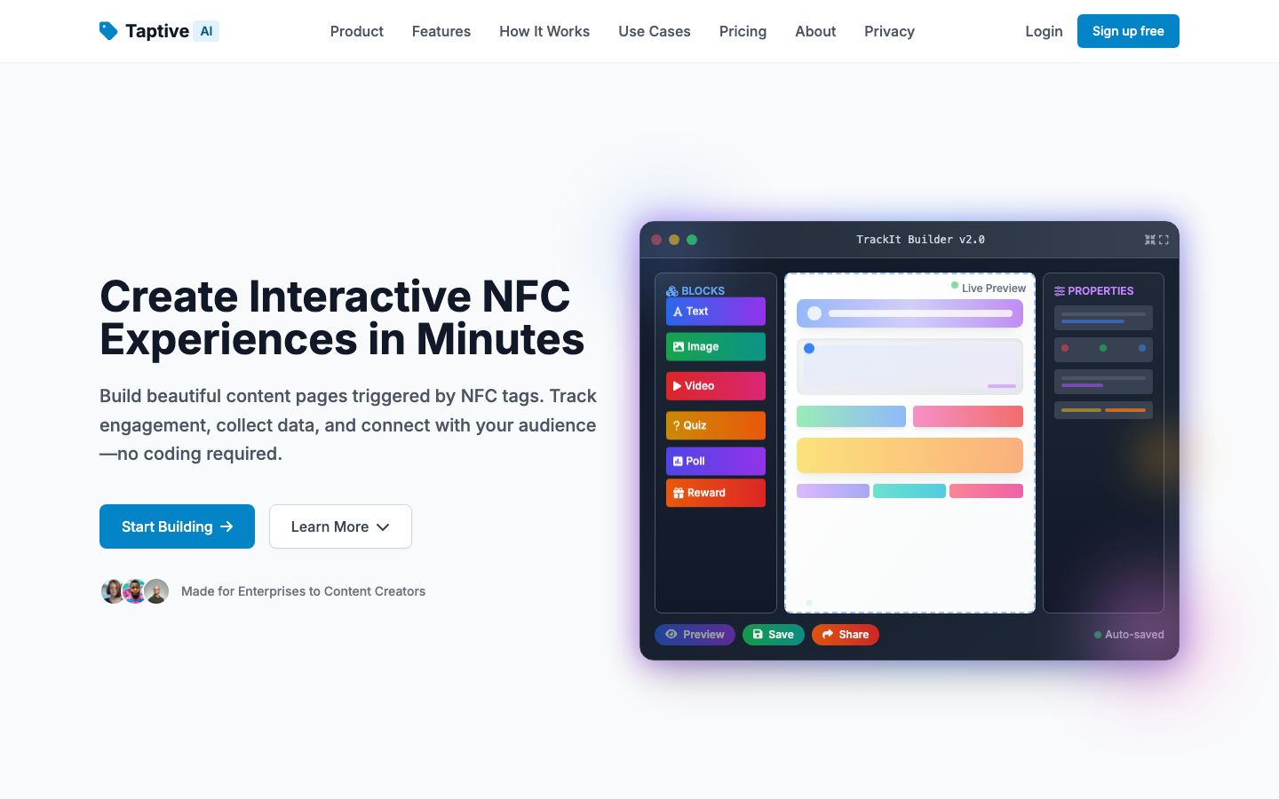 Taptive homepage screenshot