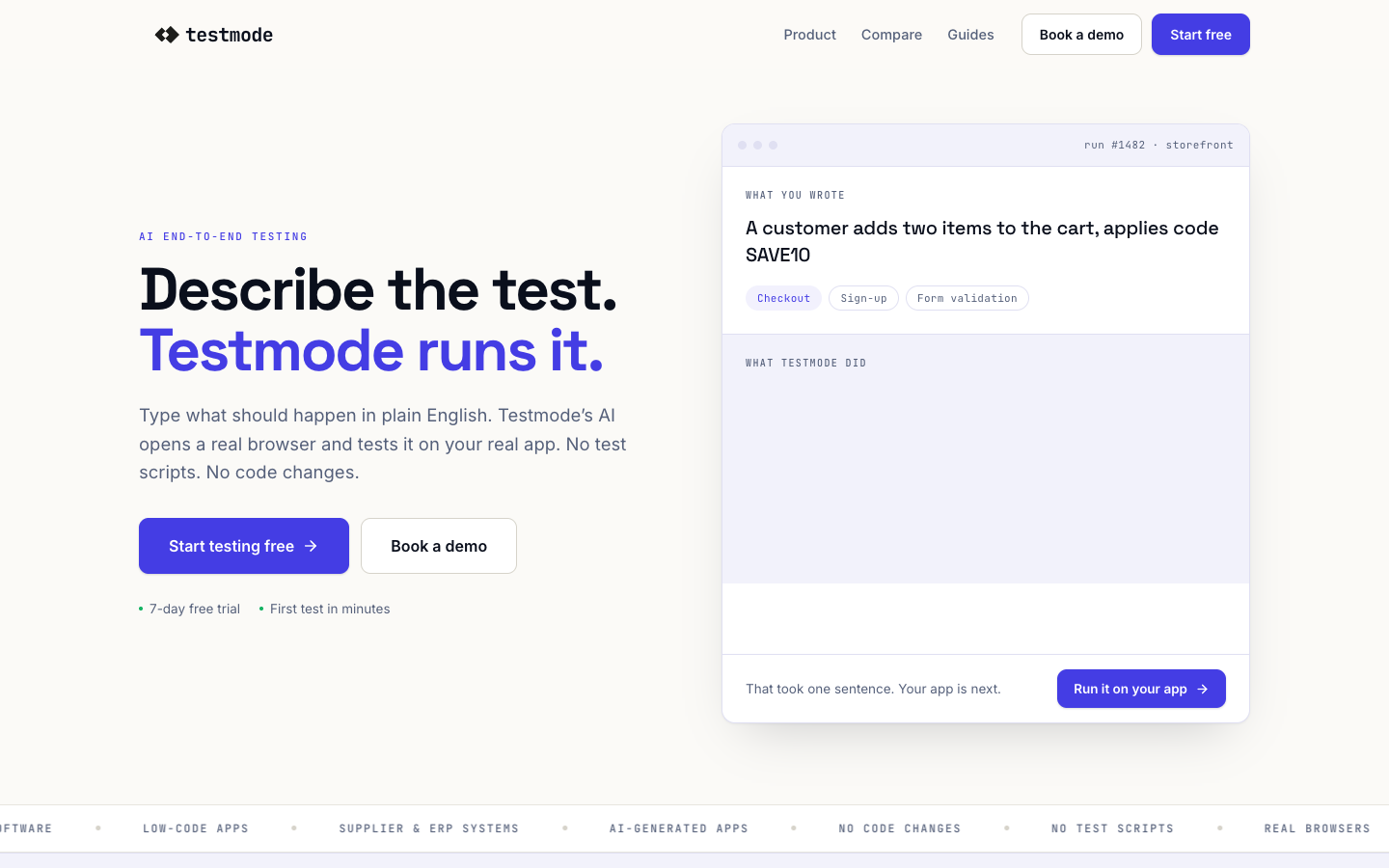 Testmode homepage screenshot