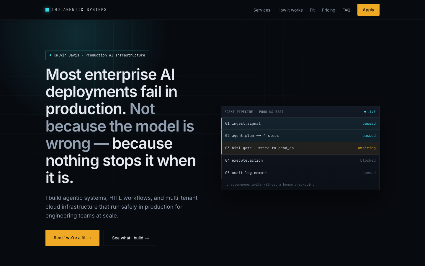 Production AI & Agentic Systems Consulting homepage screenshot