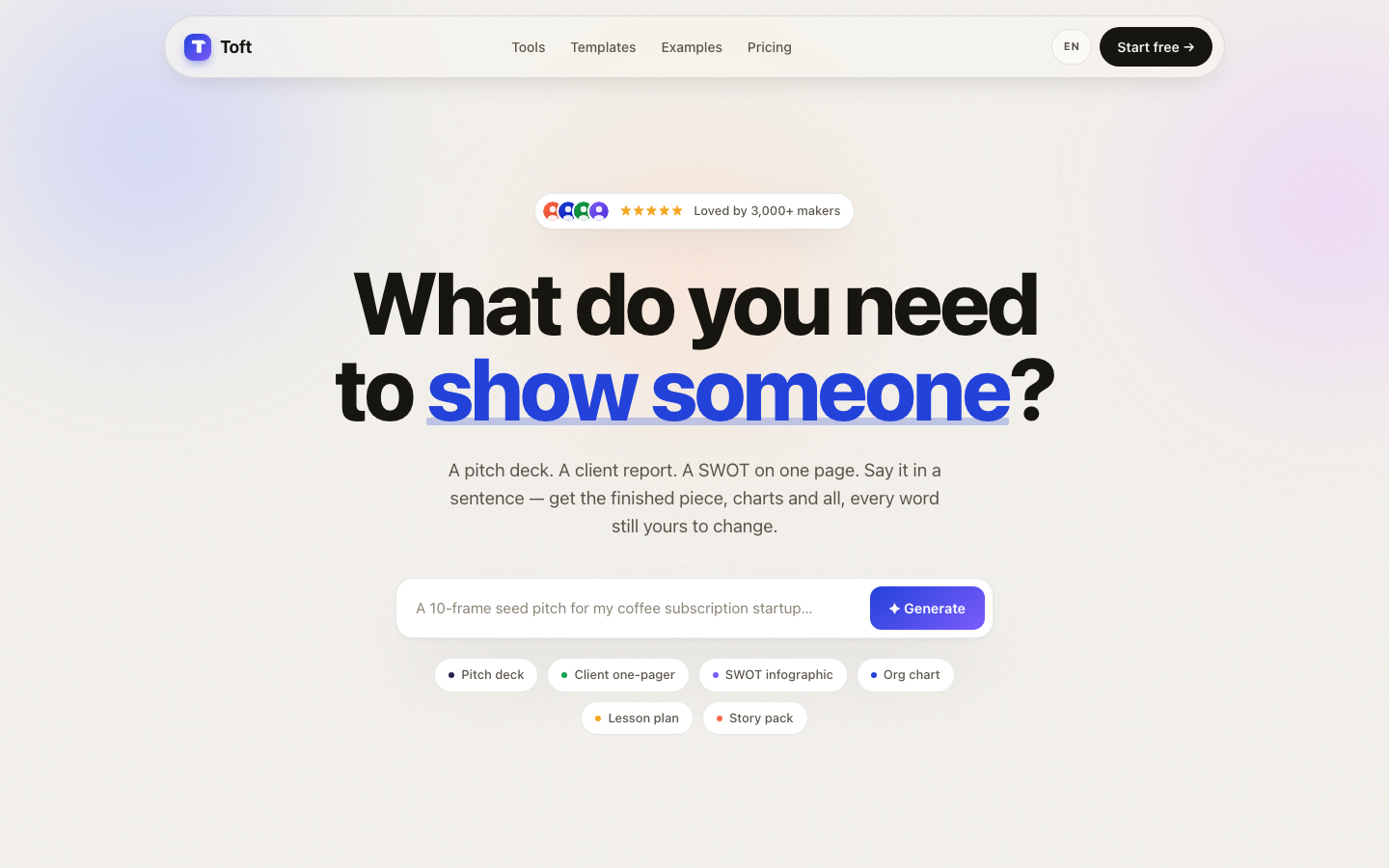 Toft homepage screenshot