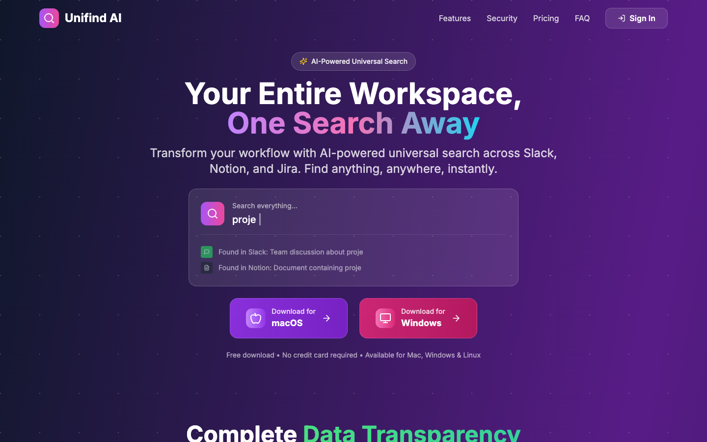 Unifind AI homepage screenshot