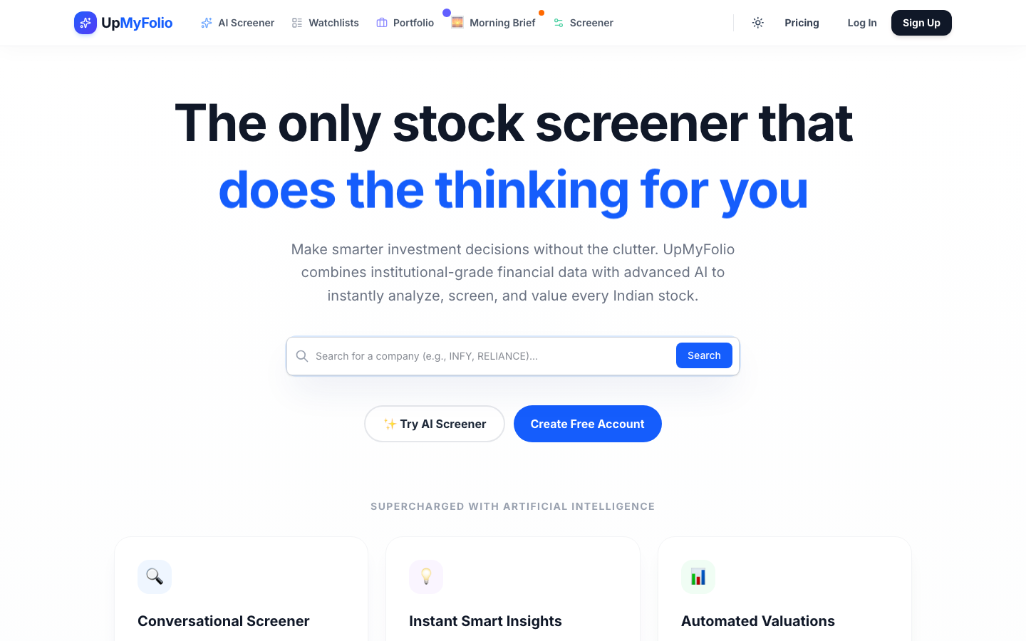 UpMyFolio homepage screenshot