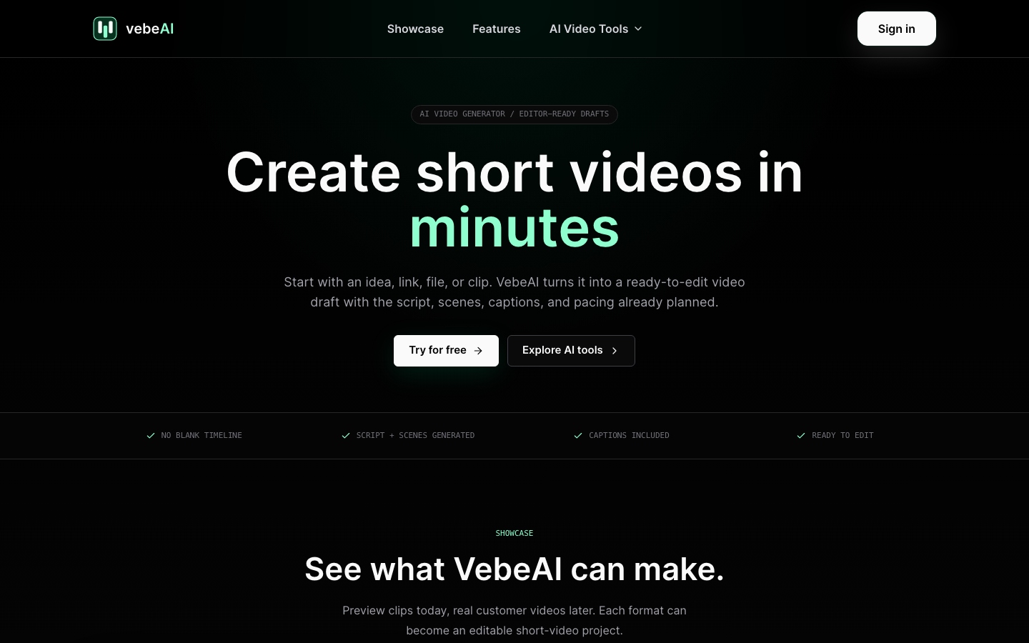 VebeAI homepage screenshot