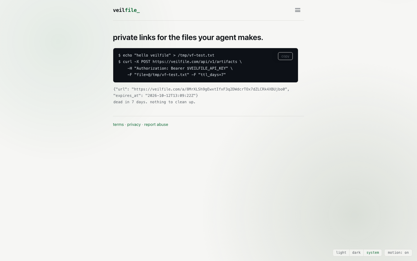 Veilfile homepage screenshot