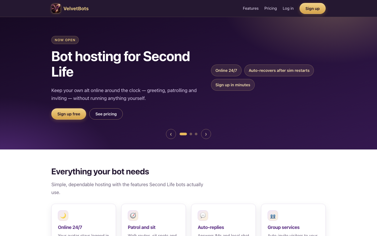 VelvetBots homepage screenshot
