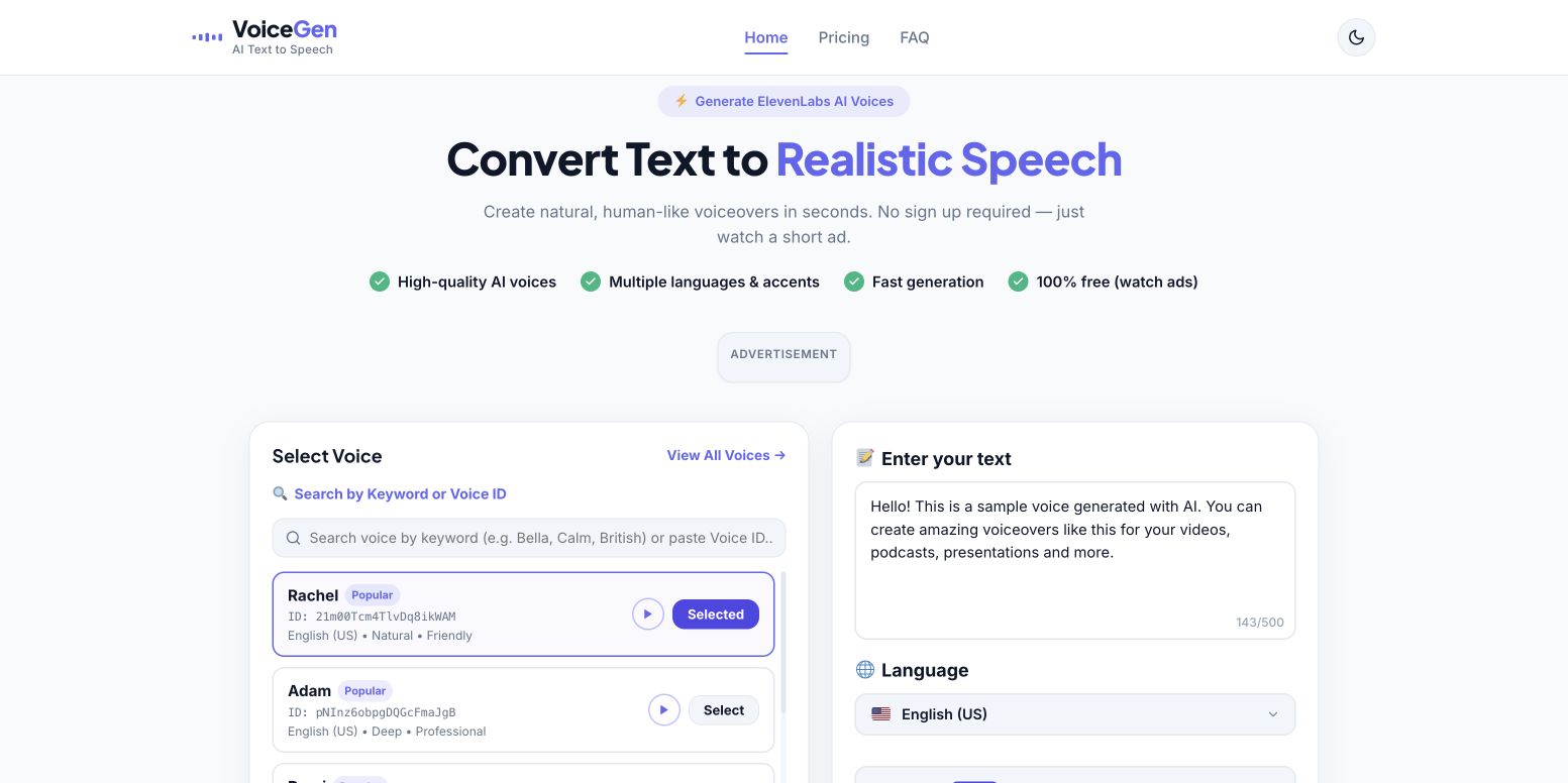 VoiceGen homepage screenshot