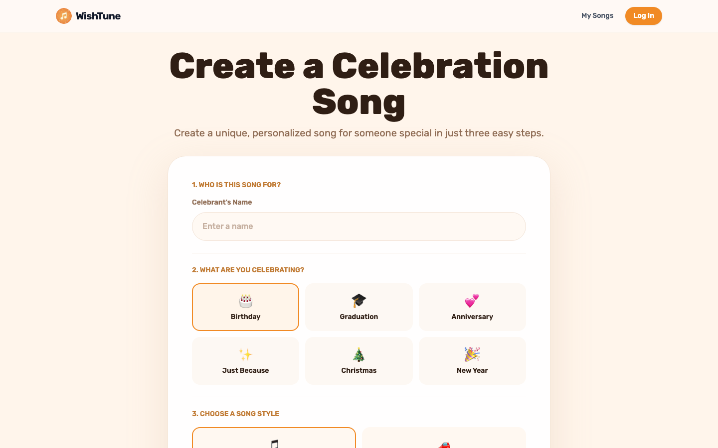 WishTune homepage screenshot