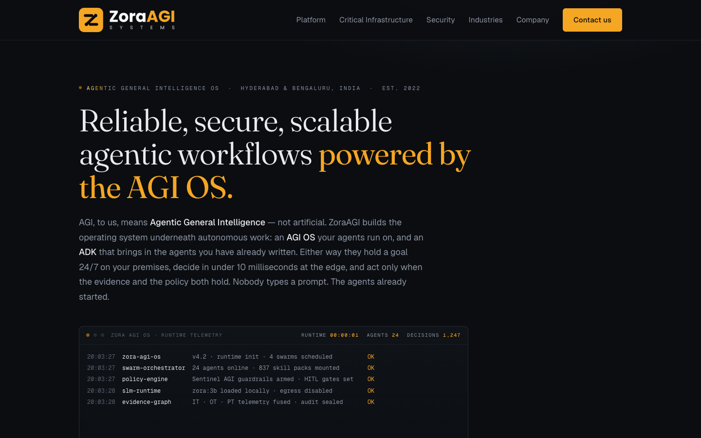 ZoraAGI Systems homepage screenshot